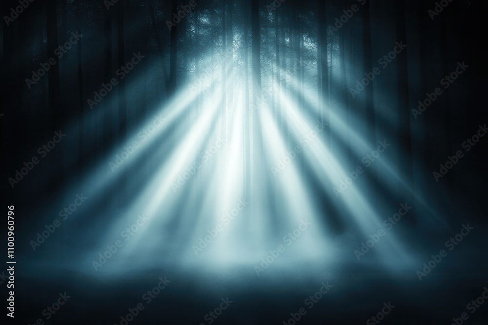 Aufkleber A serene forest scene with beams of light filtering through the trees, creating a mystical and atmospheric ambiance.