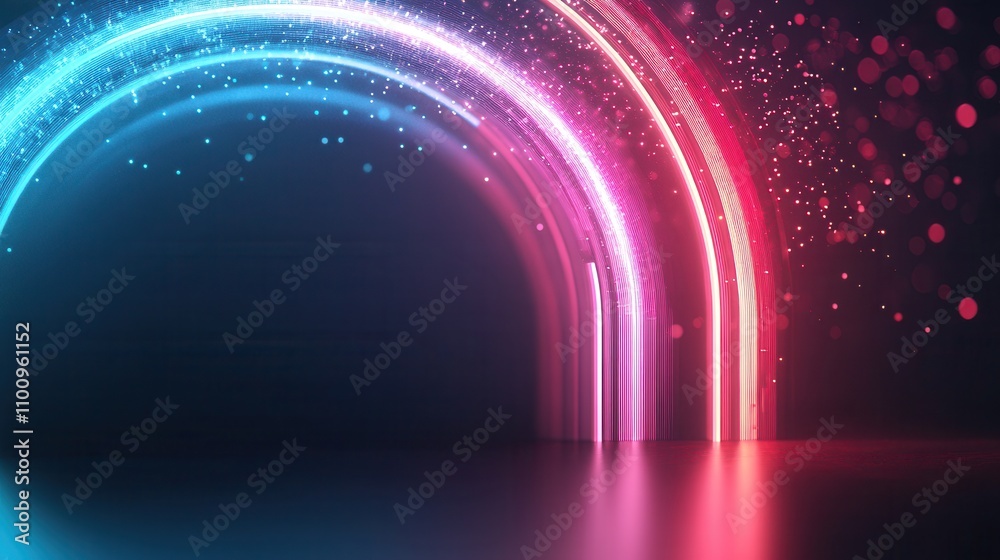 Poster A vibrant, abstract background featuring glowing arcs in pink and blue hues, complemented by floating particles and a smooth reflective surface.