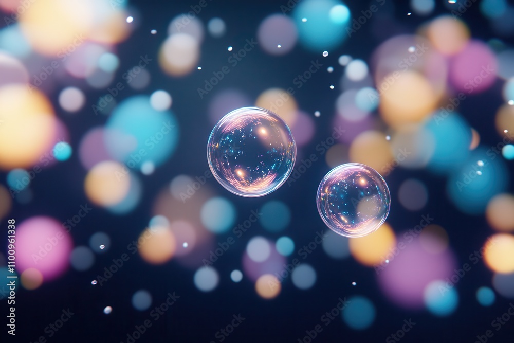 Poster a vibrant, abstract background featuring colorful bubbles floating among soft, glowing orbs and a da