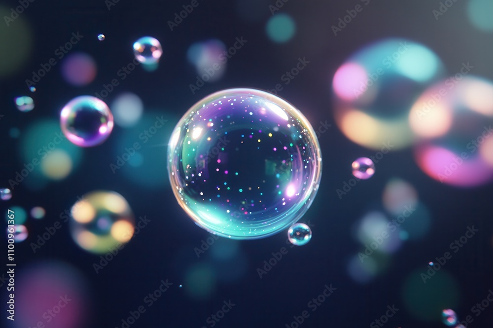 Poster colorful bubbles floating in a dark background, showcasing reflections and light, creating a whimsic