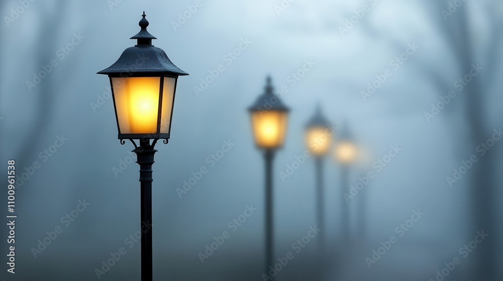 Poster a serene pathway illuminated by vintage street lamps, shrouded in soft fog, creating a mysterious an