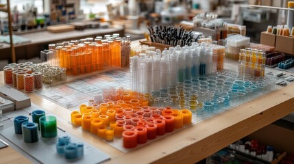 Fototapeta premium A table filled with colorful glass tubes and cylinders, arranged in rows. The tubes contain different colors of beads, and the cylinders are filled with colored liquids.