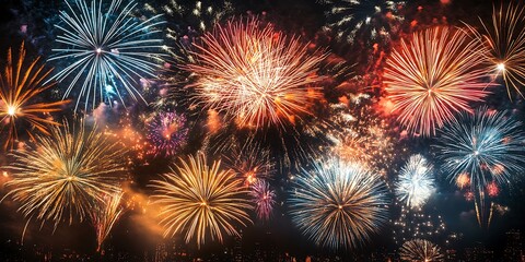 Fototapeta premium A wide-angle view of fireworks lighting up the sky over a city, with vibrant bursts of color adding excitement to the urban skyline, shot from a cinematic perspective