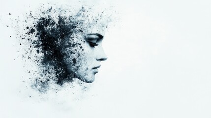 A striking profile of a woman, composed of abstract black splashes and soft textures, blending art and emotion in a minimalist style.