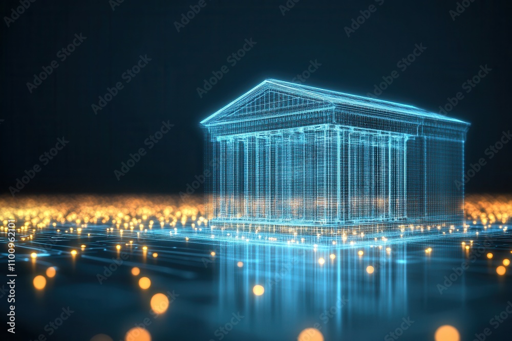 Poster A glowing digital representation of a building, set against a dark background, with illuminated dots symbolizing data or connectivity.
