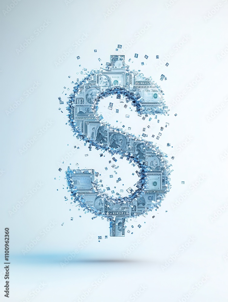 Poster a visually striking dollar sign composed of intricate blue patterns and symbols, representing financ