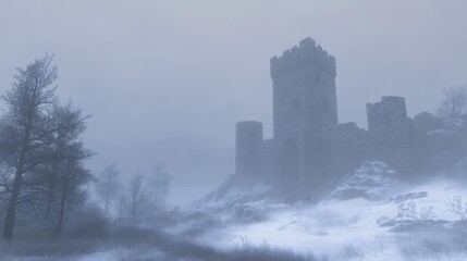 Obraz premium Stone Castle Stands Alone In Winter Fog