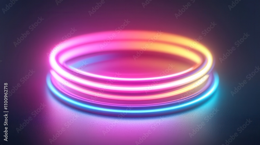 Poster a vibrant display of glowing neon rings in pink and blue hues, creating a dynamic and modern aesthet