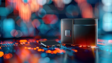 Digital cryptocurrency wallet on a futuristic glowing interface with a vibrant tech-inspired background