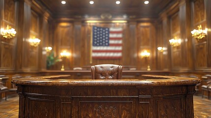 A courtroom scene featuring a judgeâ€™s bench and American flag in the background