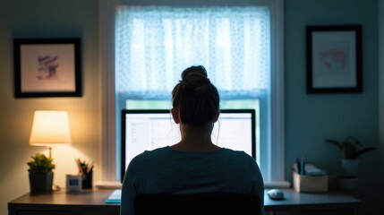 Fototapeta premium Resilient Mom Calmly Managing Work Stress in Her Minimalist Home Office A picture of a woman working at her desk in a serene organized home workspace portraying poise focus