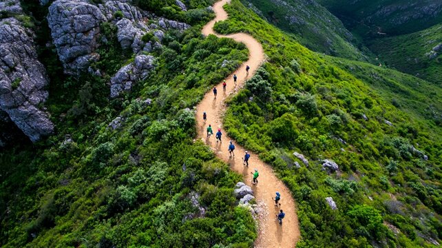 Scenic Aerial View of a Winding Hiking Path Through Lush Green Landscape and Rocky Terrain on a Beautiful Day with Adventurers, Nature and Exploration