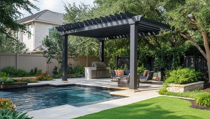 Luxury Backyard Oasis: Swimming Pool, Pergola, and Outdoor Kitchen Design