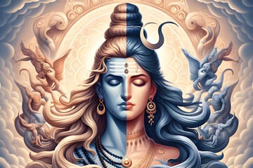 High detail and  hyper realistic, illustrative image of Ardhanarishvara