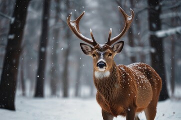 Majestic deer in snowy winter forest.