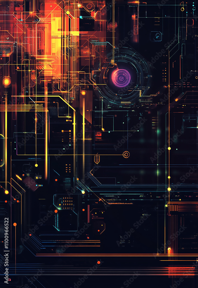 Poster a computer chip with many orange lines and dots. abstract circuit board background a composite image