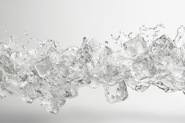A cascading arrangement of ice cubes and water splashes, captured mid motion