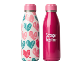 Stylish water bottles with colorful hearts and motivational phrases.