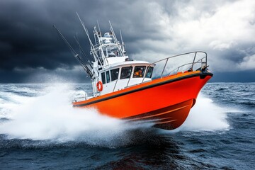 A rescue boat speeding through stormy seas under a dramatic, overcast sky