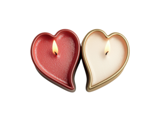 Two heart-shaped candles, one red and one white, symbolizing love and warmth.