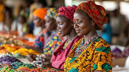 Colorful Scene of African Artisans Selling Handmade Jewelry and Vibrant Textiles at a Bustling Marketplace Showcasing the Rich Cultural Commerce and Diversity of the Region