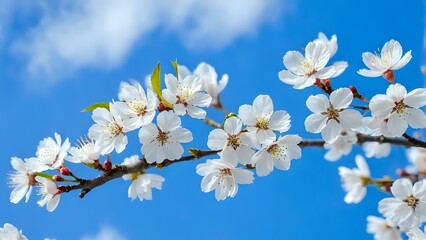 Obraz premium White cherry blossoms set against a clear blue sky in spring