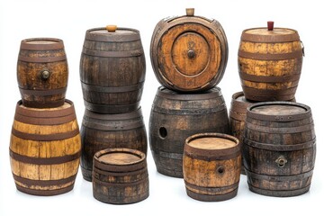 Fototapeta premium A collection of rustic wooden barrels with metal bands arranged in a cluster The rich textured wood
