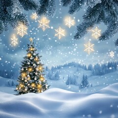 Obraz premium Enchanting Snowy Winter Landscape with Festive Christmas Tree and Falling Snowflakes Serene and peaceful scene of snow covered hills a decorated Christmas tree