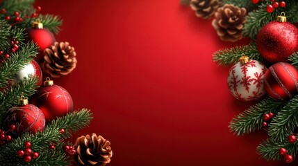Festive Christmas background featuring ornaments and pine branches, perfect for holiday designs, cards, or seasonal promotions.