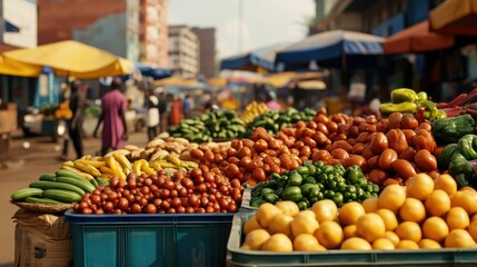 Bustling African marketplace featuring a variety of fresh produce lively stalls and colorful Afro modern buildings in the background
