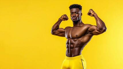 Fit and Muscular Man Posing Against a Bright Yellow Background, Showcasing Strength and Confidence in Athletic Wear with a Bold Expression