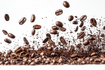 Obraz premium A dynamic composition of roasted coffee beans suspended in mid air with individual beans