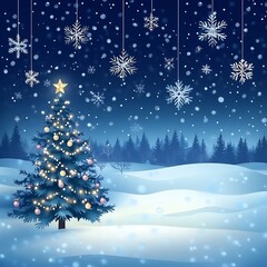 Festive snowy landscape with a glowing Christmas tree adorned with hanging snowflake under a cozy and magical winter night sky