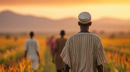 A scenic view of traditional African farming techniques and practices being passed down through in a rural village landscape with a vibrant sunset sky