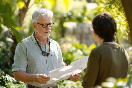 Older man discusses gardening plans with a younger person in a lush garden. Generative AI