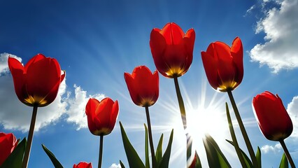 Obraz premium Red tulips in full bloom with rays of sunlight against a clear blue sky