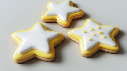 Fototapeta premium Four white and yellow star shaped cookies with white icing