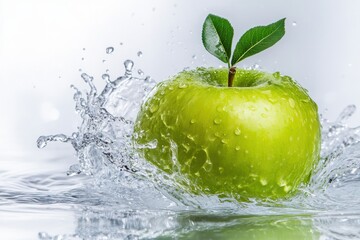 A fresh green apple with a glossy surface and a single leaf, splashing into crystal-clear water