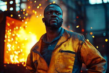 Obraz premium Worker stands confidently amidst sparks in a metalworking facility. Generative AI
