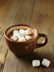 Hot chocolate or cocoa with marshmallows in a ceramic mug  on a wooden table.