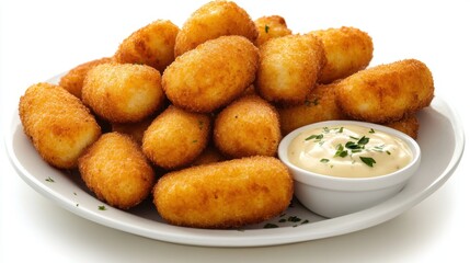 Crispy Golden Fried Snacks with Creamy Dipping Sauce Arranged on a White Plate Perfect for Appetizers or Party Platters