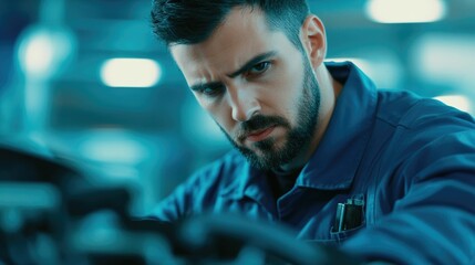 Skilled and focused mechanic working on repairing a car engine using advanced diagnostic tools and techniques in an auto repair shop setting