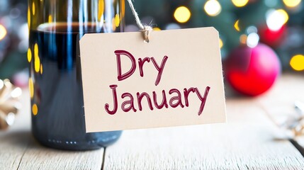 Celebrating dry january with festive holiday lights and empty wine bottle