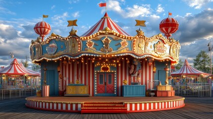 Fototapeta premium A classic carousel with red and white striped tent, bright lights, and a wooden stage, with blue sky and fluffy clouds in the background.