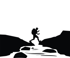 Hiker Crossing Shallow Stream Silhouette Vector Template