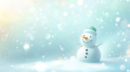 Fototapeta premium Little snowman in the blurred snow background banner