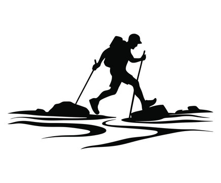 black silhouette hiker crossing river clip art preview