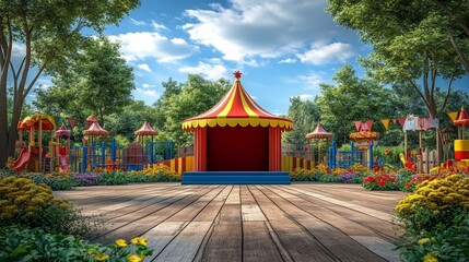 A colorful circus tent stage in a lush green park with a wooden floor in front.
