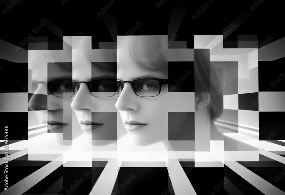 Poster combines multiple exconceptionconceptionposures with op art’s square patterns layering shapes for de
