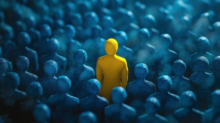 Obraz premium A single yellow figure stands out among a crowd of blue figures.